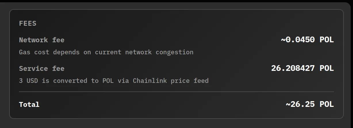 Fees block on the Polygon create form: a network fee estimate and a service fee read from the factory, with the note that 3 USD is converted to POL via Chainlink.
