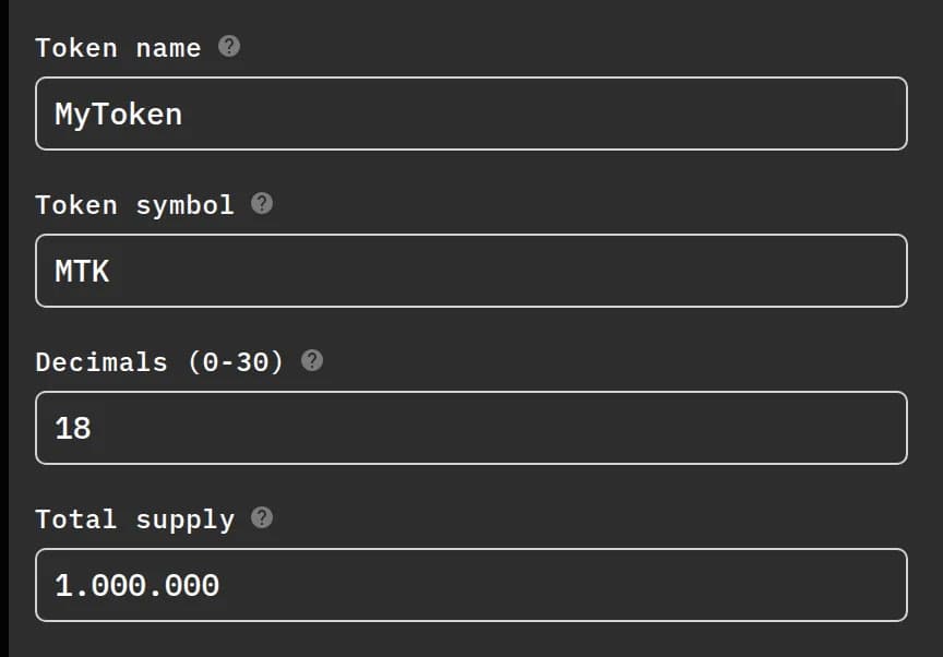 Token form fields: token name, token symbol, decimals, and total supply, shown with the form’s default values.