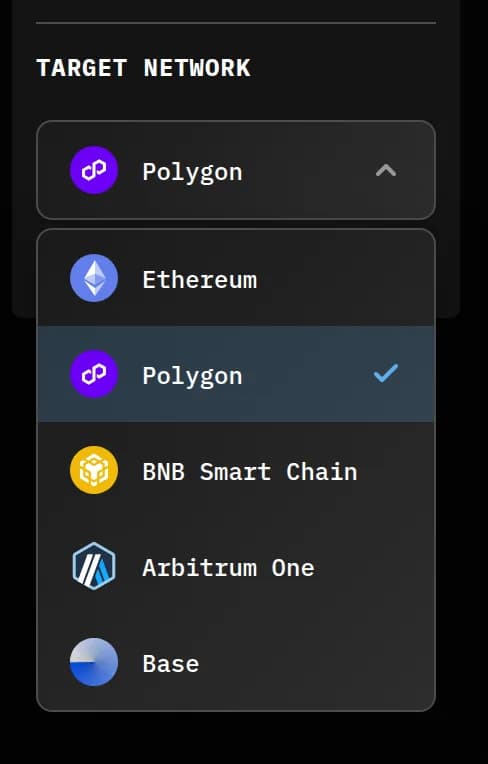Target network menu on the create form, open on Polygon, listing Ethereum, Polygon, BNB Smart Chain, Arbitrum One, and Base.